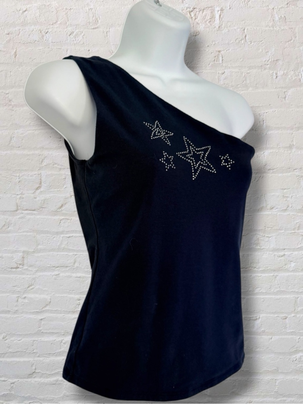 Hollister One Shoulder Top Medium Navy Blue Rhinestone Star Y2K Stretch Knit